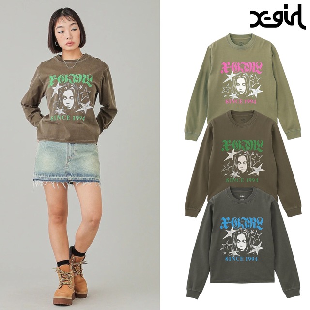 【X-girl】STAR AND FACE LOGO FADED L/S TEE【エックスガール】