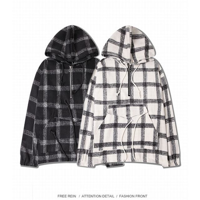 【HEYBIG】メンズ/レデース/ユニセック チェック柄 プルオバーパーカー ジャケット / Oversized check pattern pullover trend sweater with male hood (DCT-575814300409)