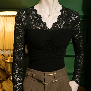Vネック レース 長袖スプライシング トップス　G1088