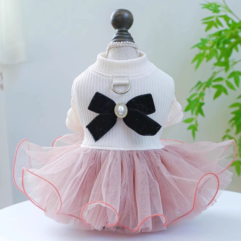 ブラックリボン付ペールピンクスカートのワンピース 犬服 00974