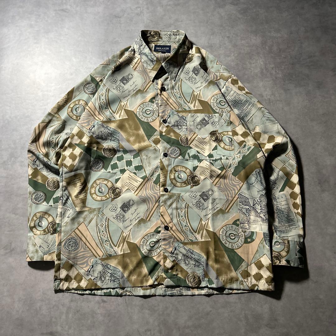 ヴィンテージ グリーン 総柄 幾何学 模様 菅田将暉 レトロ デザイン シャツ