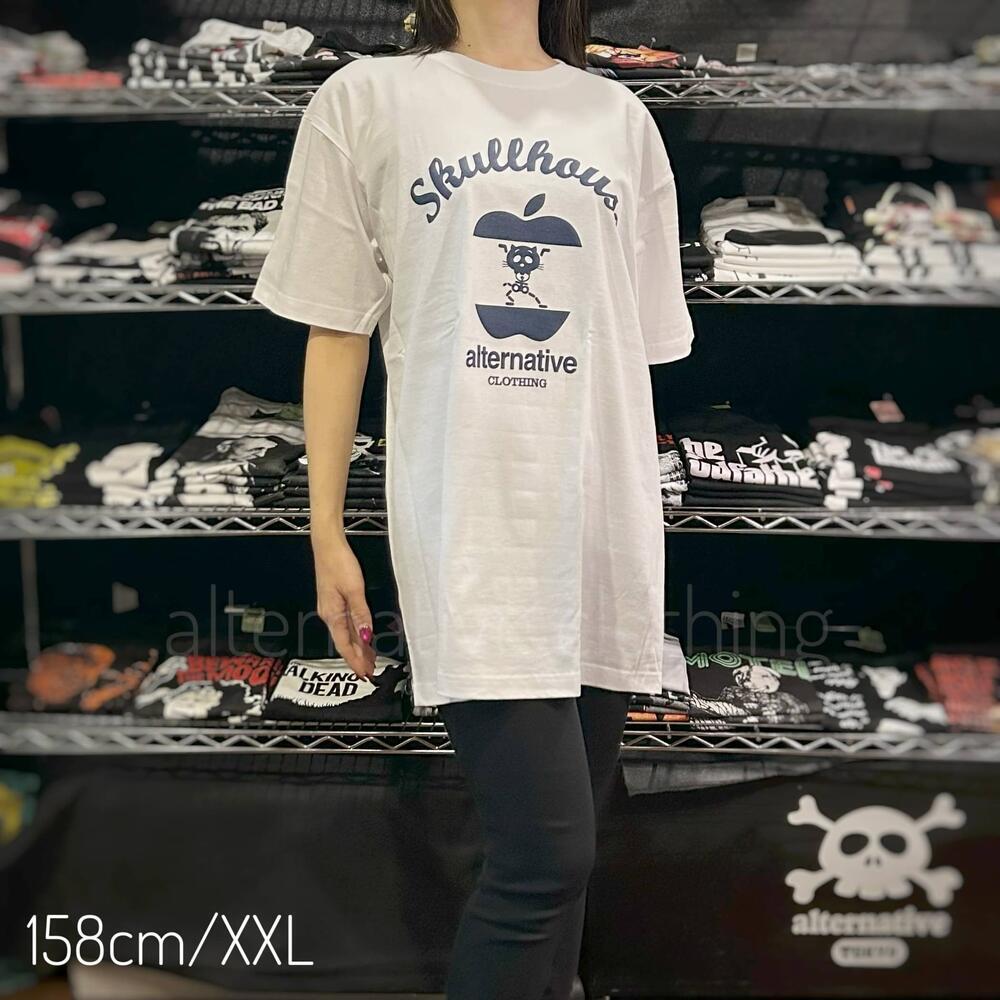 スカル・ファミリー 踊る猫 白 ホワイト×ネイビー ドクロ スカル T