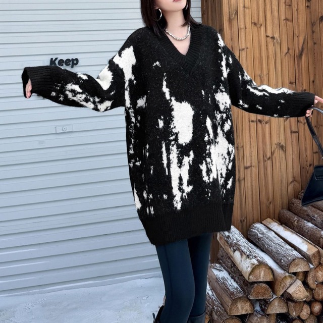 Vネック 長袖 オーバーサイズ ニット 3color PU0444