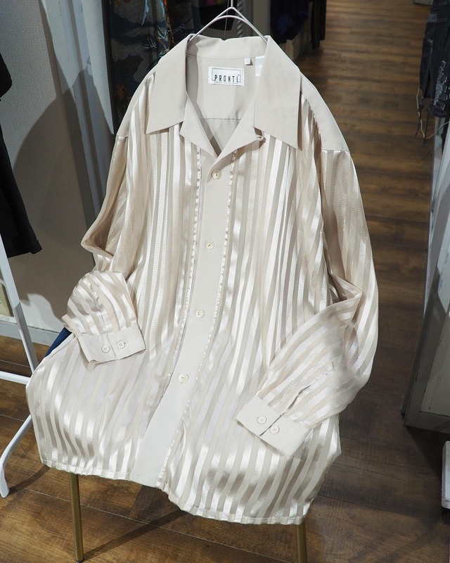 1990s " PRONTI " Sheer stripe Design vintage Drape loose Open collar Shirt