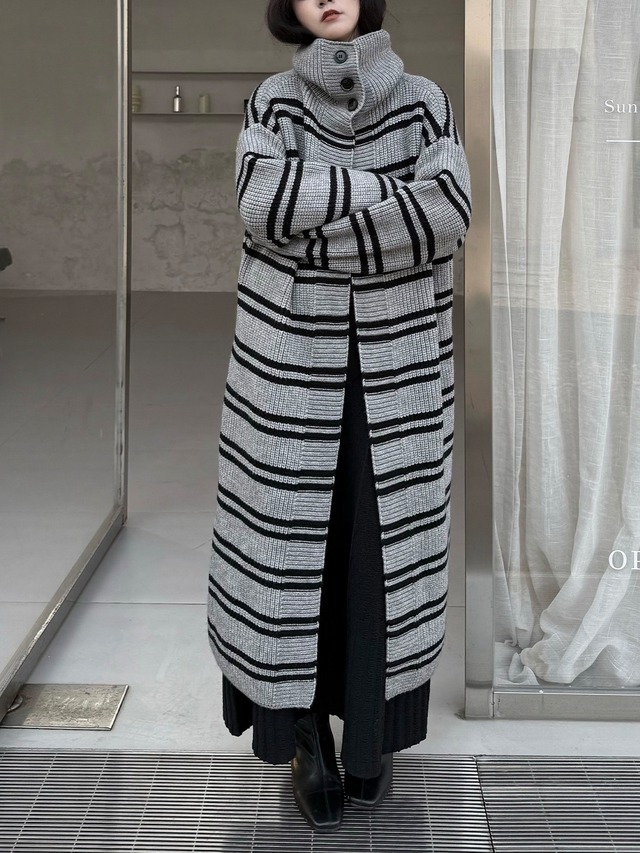 Mid-length striped thick high-neck long cardigan 2color  [T2675]