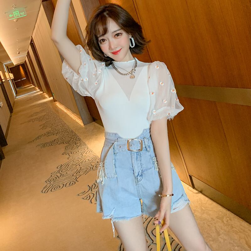 メッシュ刺繍ニットトップス ショーツ セット スプリングサマー 春物 夏物 ブルマー ステッチ MIUCO48361859957