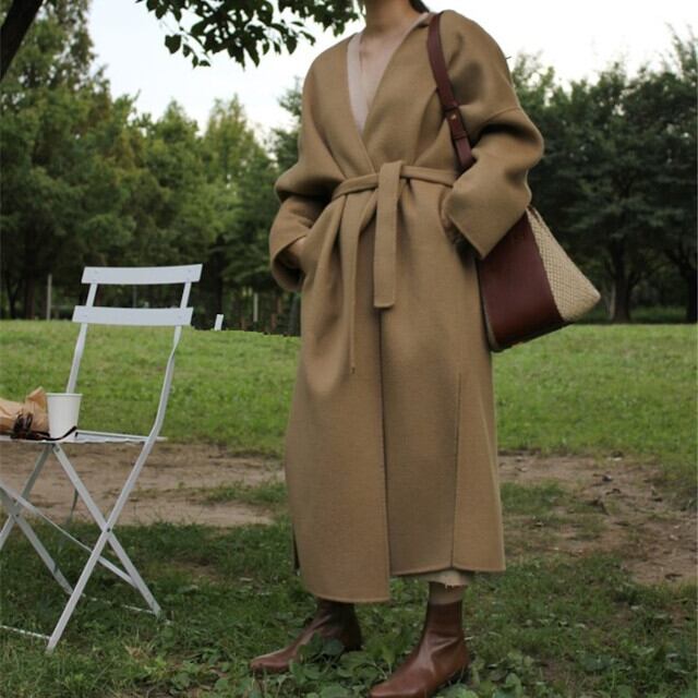 全2色 レディース アウター コート ガウン オーバーシルエット ドロップショルダー ノーカラー ウエストマーク ベルト ロング 秋冬 かわいい ブラウン/ブラック