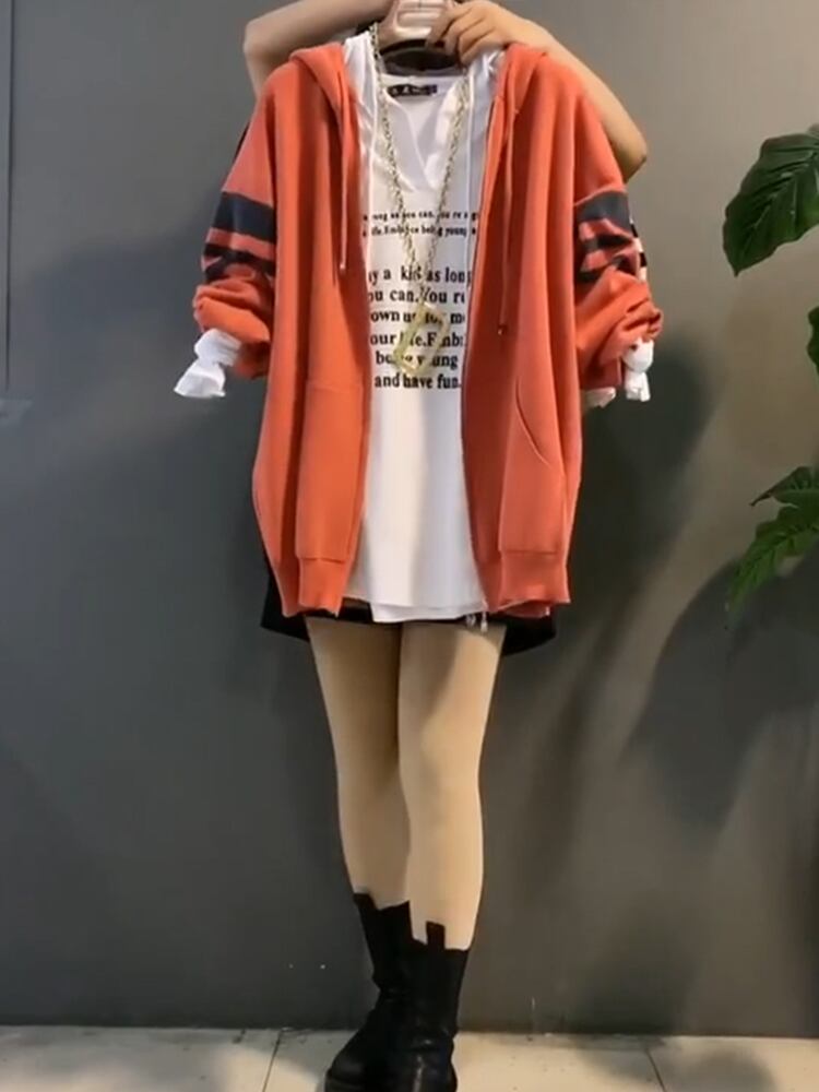 カジュアルスタイルスプリングフードスリーブストライプジッパージャケット 長袖 ロング 春物 ミックスインファッション38215370400