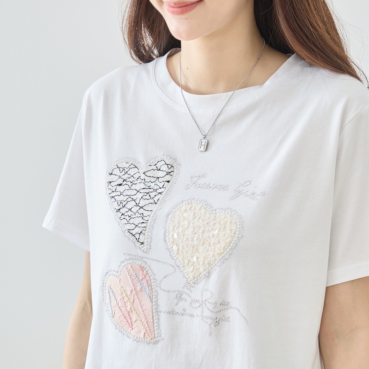 TRUBE レースハートラインストーンスパンコールデコTシャツ【M~L】ホワイト