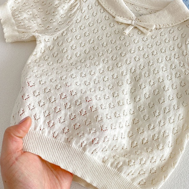 【BABY】透かし編みポロ襟パフスリーブ半袖ニットTシャツ - 20