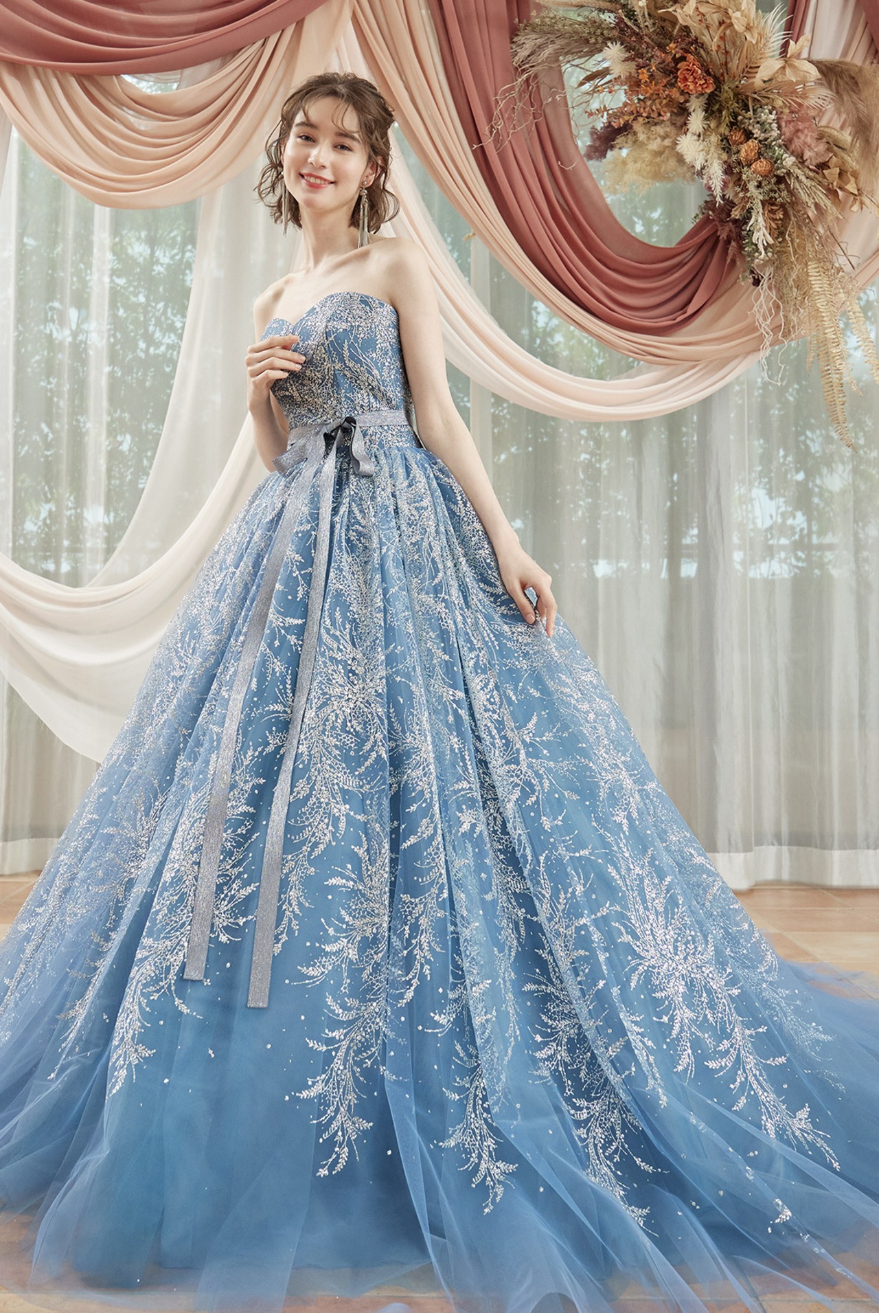 ロングドレス 演奏会ドレス ブルー マーメイド カラードレス ビーズ  