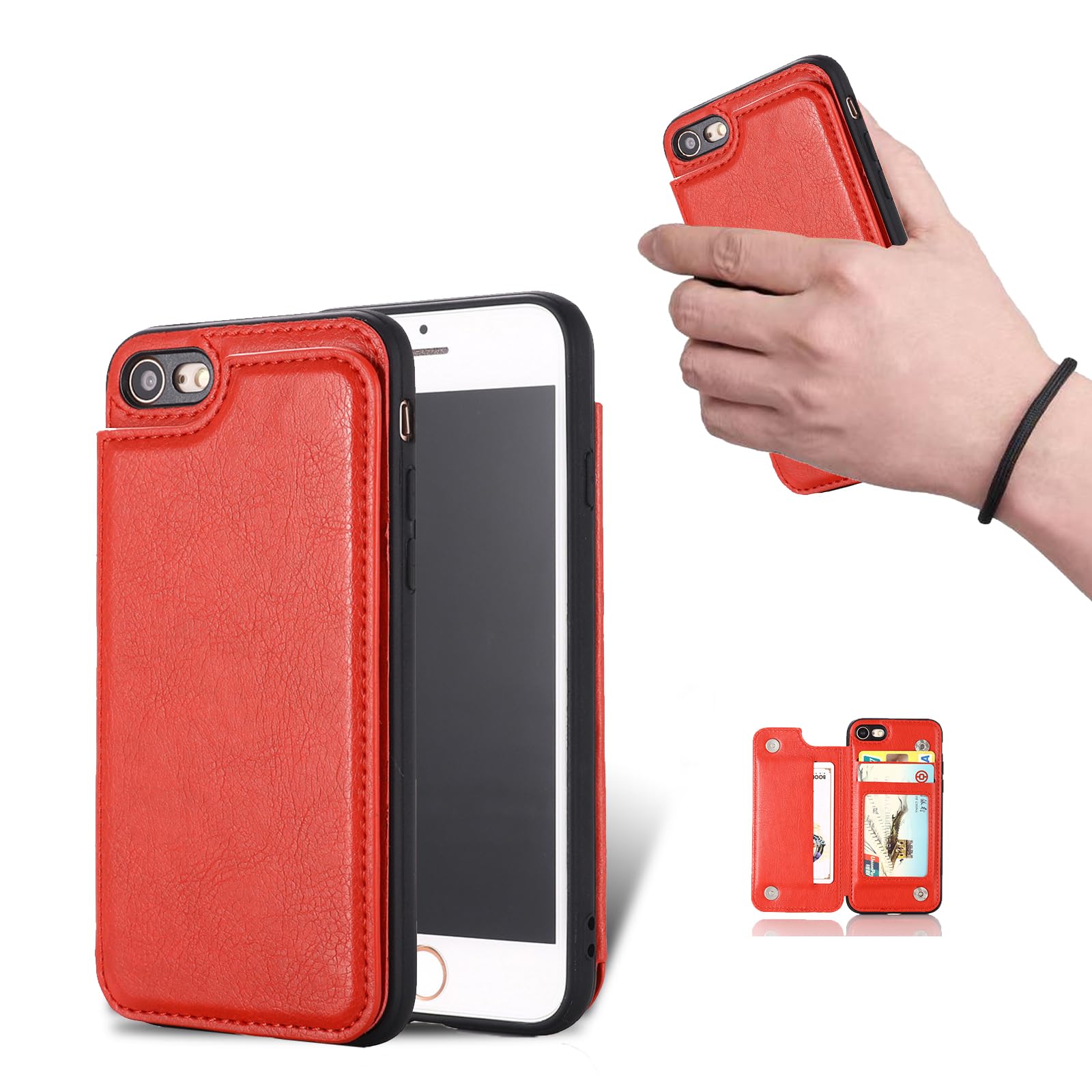 for iPhone SE 第3世代 (2022) / iPhone SE 第2世代 (2020) / iPhone8 / iPhone7 ケース スタンド機能 ICカード収納 カード収納 背面カード収納 ケース 左と右の電話を反転、シンプルなレトロなファッション電話ケース、防水と防汚電話ホルダー、PUレザー、TPUソフトインナー