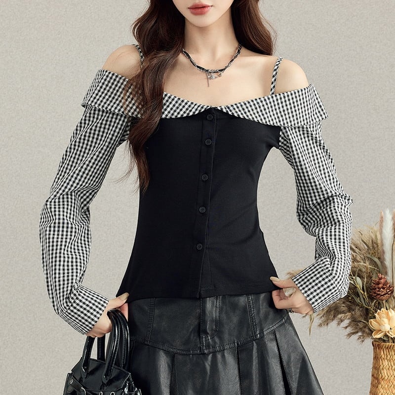 off-shoulder gingham-check slim tops m0997