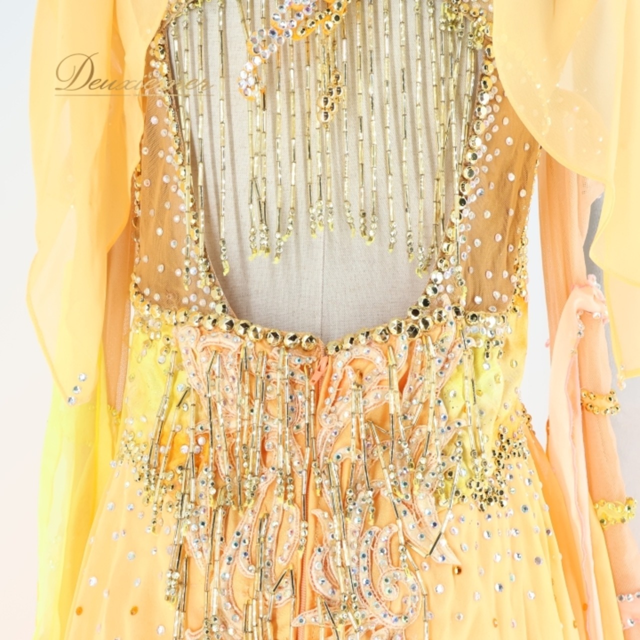 社交ダンス 衣装 スタンダードドレス ワンピース スタンダード フロート レース デモ 競技 ダンス パーティ 発表会 黄色 オレンジ 落ち感 明るい オレンジ系 イエロー系 フリンジ 豪華 軽量 シフォン おしゃれ 可愛い ふんわり カラフル ダンスウェア フェスティバル パフォーマンス