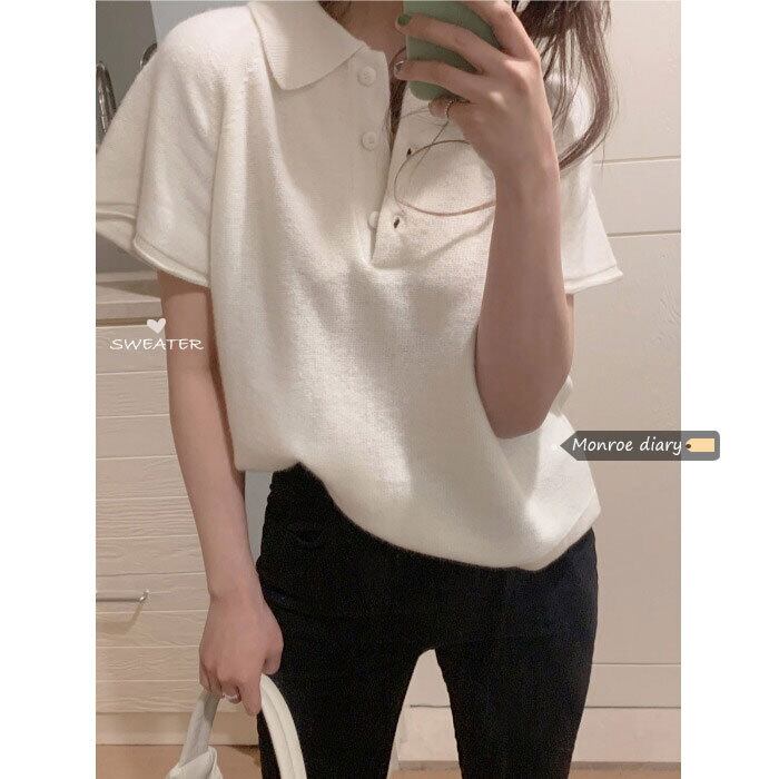 ホワイトショートニットセーター カラールーズトップス スプリングシャツ 春物 モンロー74128405507