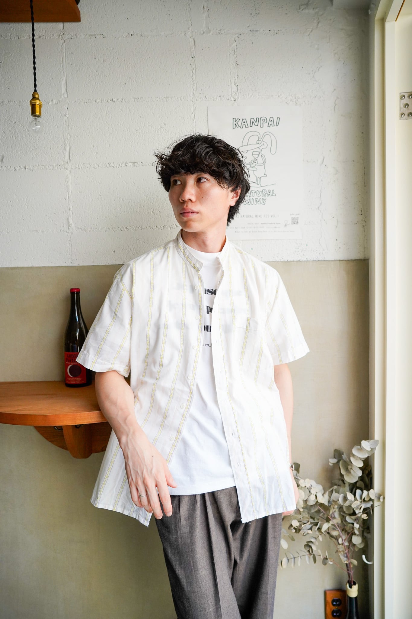【1990s】"Central Park" Polyester & Cotton Stripe Band Collar Shirts / 6-207