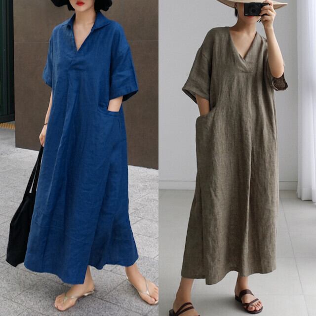 全3色 カーキ/ブルー/ブラウン レディース ロングワンピース スキッパー オーバーシルエット カジュアル スリット 袖あり S/M/L/XL