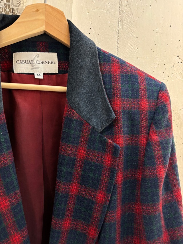 vintage suede collar red × navy check jacket