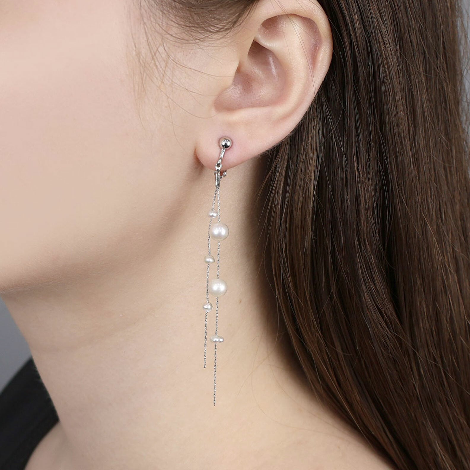 淡水パール　2連　ロングチェーン　ドロップイヤリング　スウィング　アクセサリー　華奢　韓国製