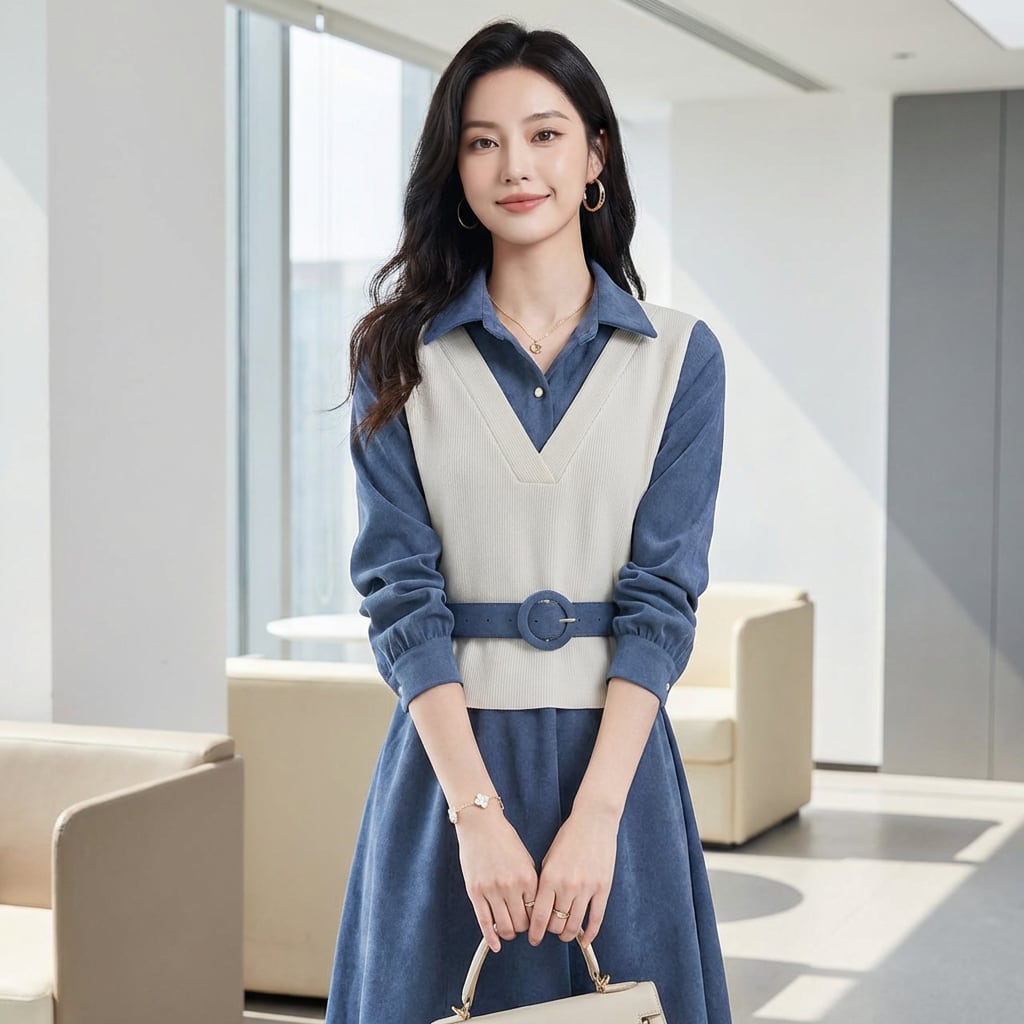 Vネックフェイクツーピースワンピース(3color) A1017