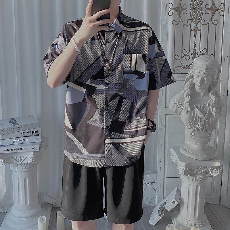 阿茶と啊古シリーズ レトロ シャツ ファッション 幾何柄 夏 メンズトップス M L Xl ブラック 黒い Elegant