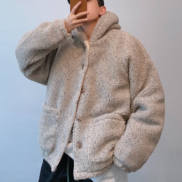 【予約販売】ボアブルゾン アウター フード付き ベージュ 総ボア もこもこ 冬 防寒 ジャケット ショート丈 メンズ カジュアル 男前 こなれ感 お洒落 韓国 トレンド 秋 冬 M/L/XL/2XL