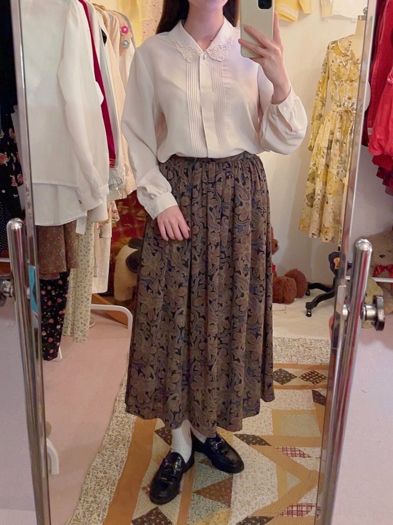 navy beige botanical flare skirt