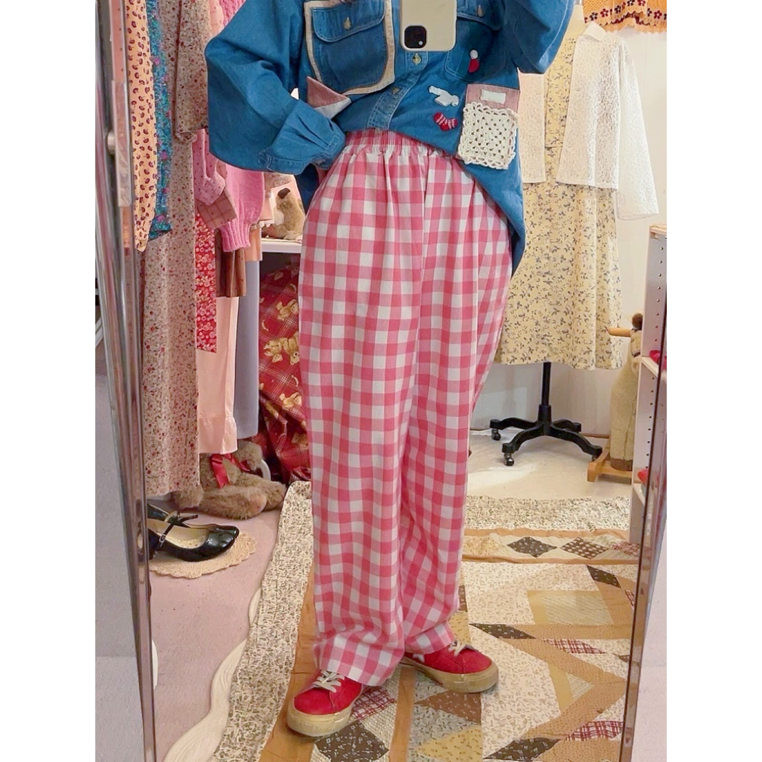 pink block check pants