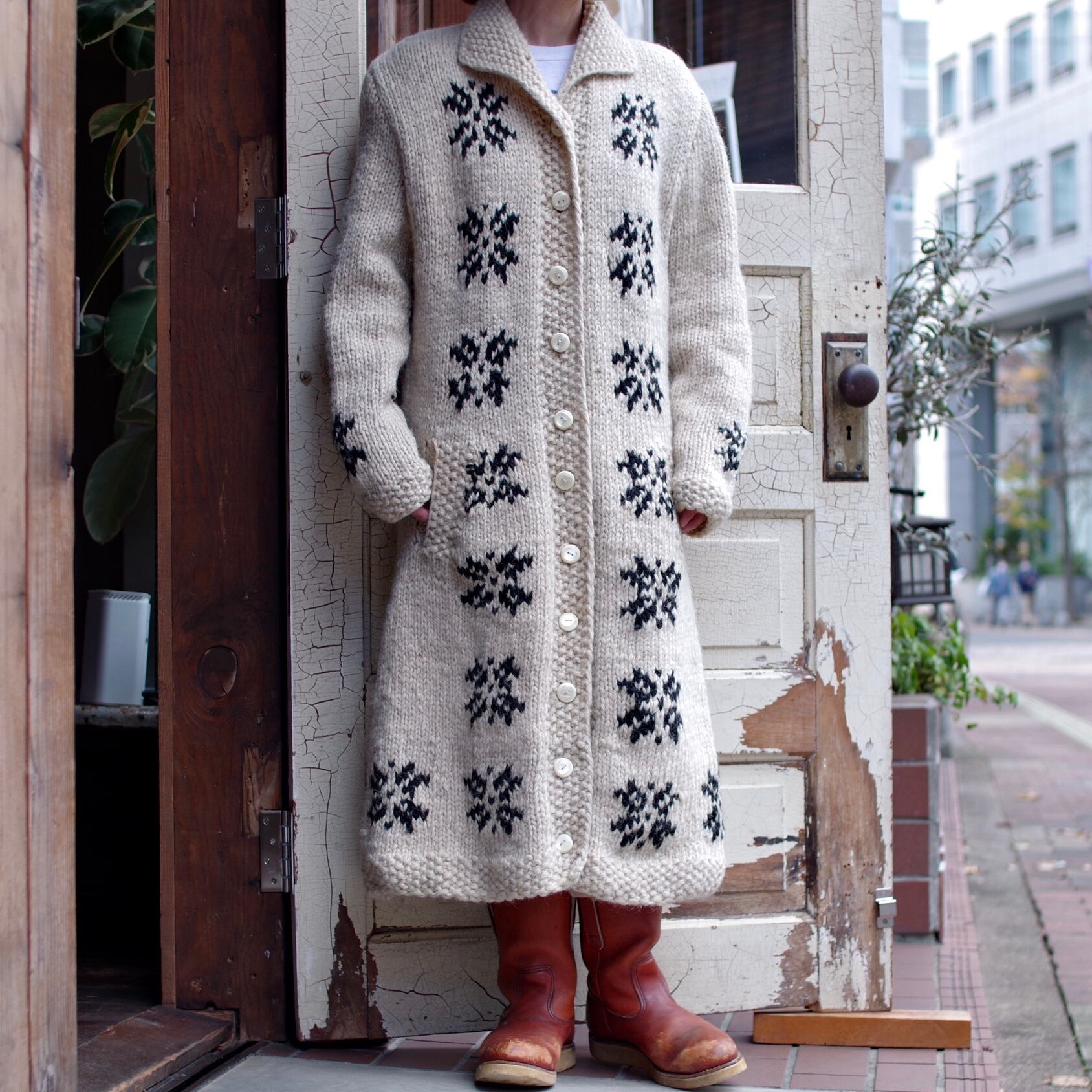 Vintage Long Knit Coat / Hand knitting / ヴィンテージ ロング ...