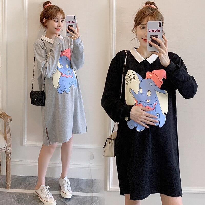 【新作】【送料無料】 3312＃マタニティ服春秋綿ターンダウン襟長袖ゆったりとしたスタイリッシュなドレス妊婦ママドレス ロング コットン スプリング 春物 オータム 秋物 AL expec386763245638