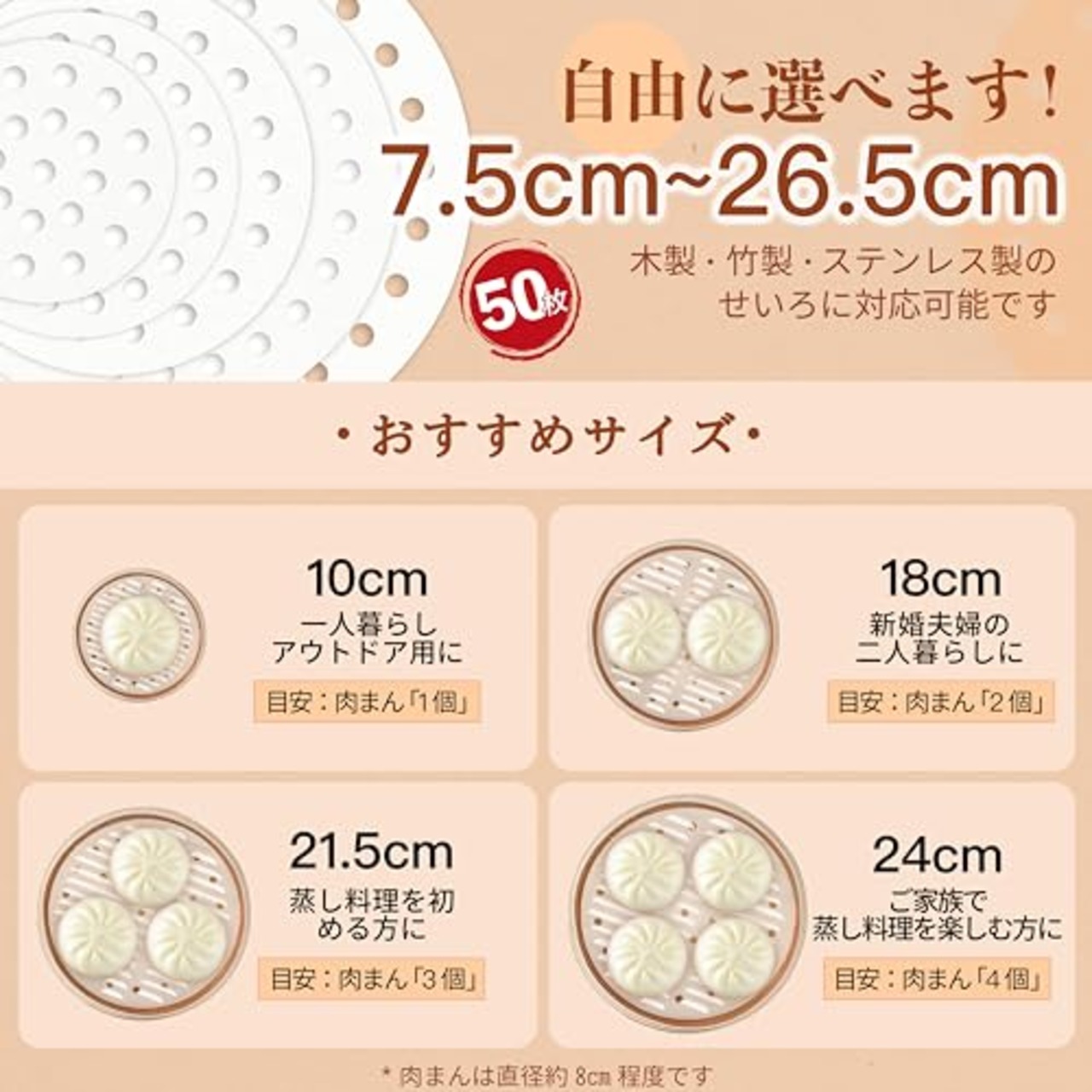 せいろ 蒸籠 シート 【直径7.5~26.5cm・50枚入り】 蒸籠蒸し器 蒸し器 せいろ 使い捨て 丸型 円形 蒸し器シート セイロ用紙 料理用クッキングシート (50, 円形(7.5cm))