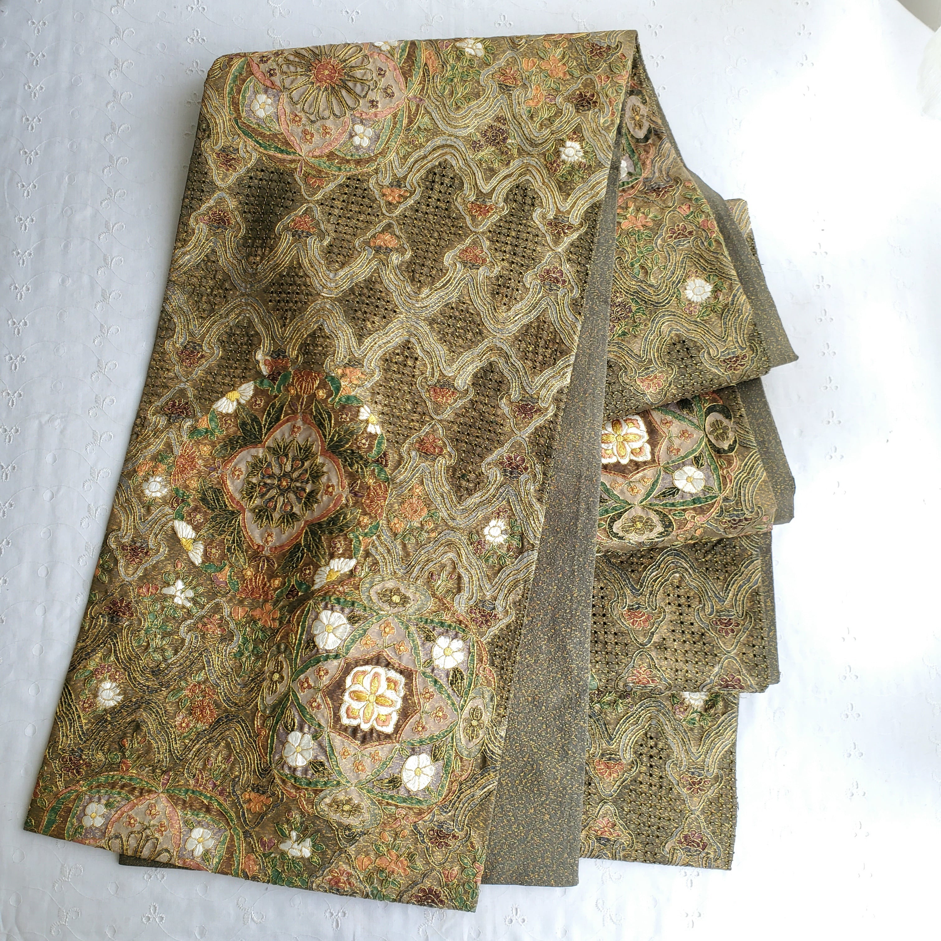 正絹 六通袋帯 汕頭 中国伝統刺繍汕頭刺繍 正倉院華紋 金糸