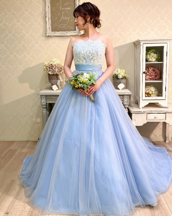 カラードレス ライトブルー ベアトップ 編み上げ 流れる透け花レース A  