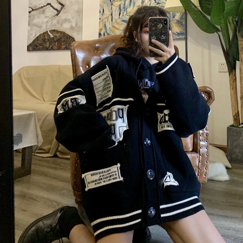 ルーズプリントVネックオータムウィンターセーター カーディガントップス ロング 秋物 冬物 ケッペル84602257869