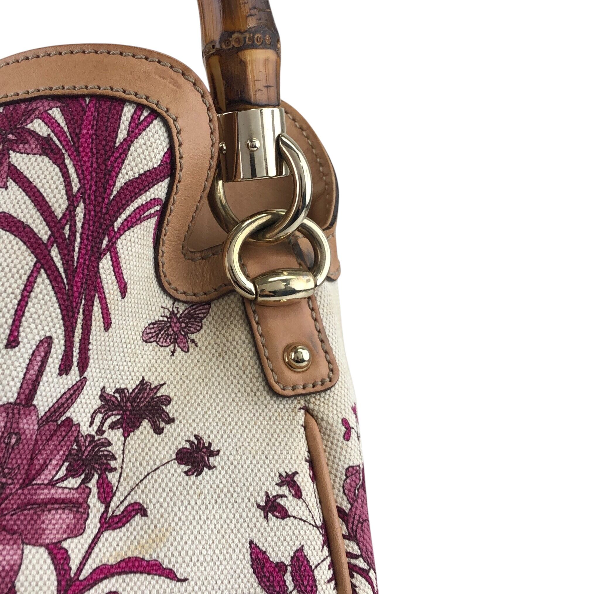 GUCCI グッチ 花柄 ハンドバッグ ホワイト バンブー キャンバス