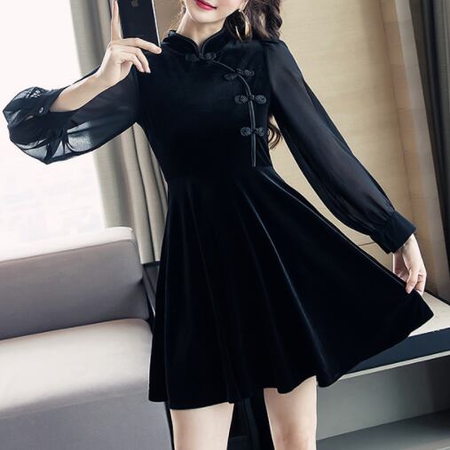 買得 レース ベルベット ミニフレアワンピース ハイネック チャイナ襟 黒 ミニワンピース