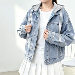 デニム ジャケット レディース 春秋 韓国 ストリート フード付き Gジャン レイヤード風 ドッキング 長袖 バックボタン ドローコード ゆったり 体型カバー 甘辛MIX カジュアル 羽織り [LF-CGJ001]