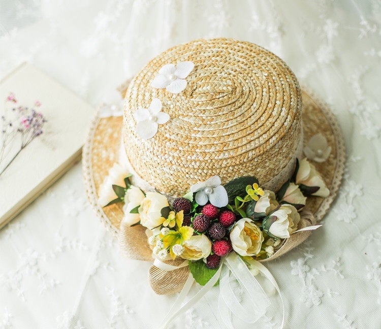 親子帽子、麦わら帽子、ハンドメイド小花の髪飾り、ヘットドレス