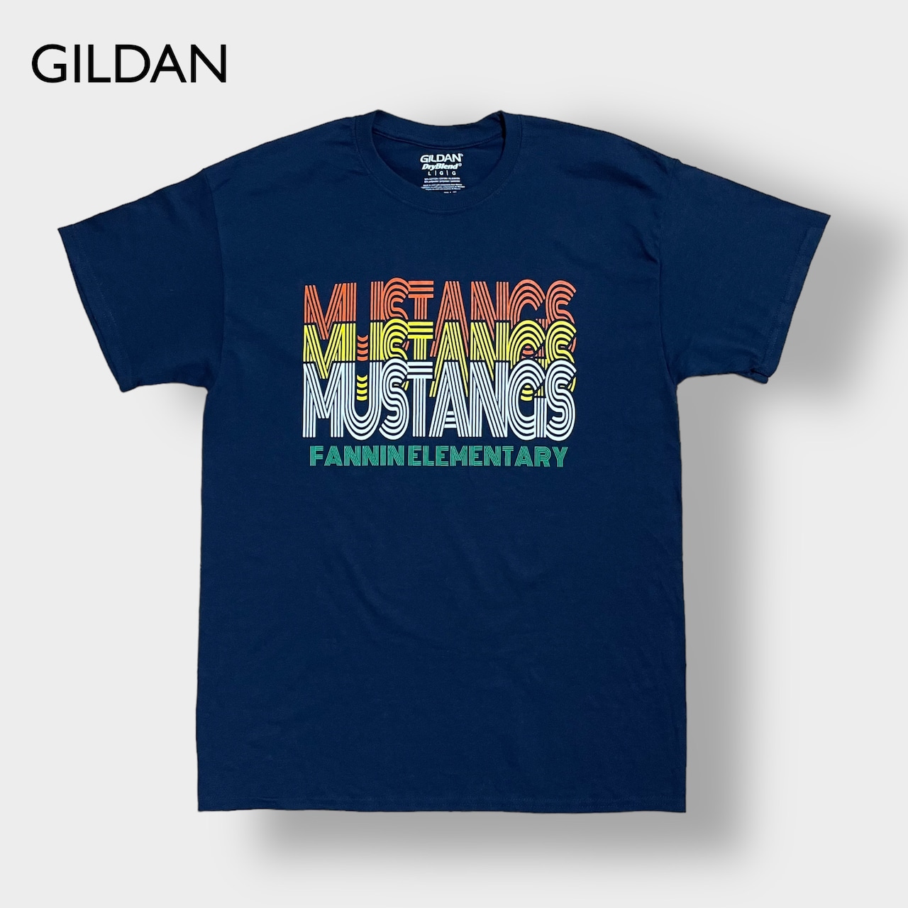 【GILDAN】プリント ロゴ MUSTANCS FANNIN ELEMENTARY Tシャツ 半袖 L ネイビー US古着