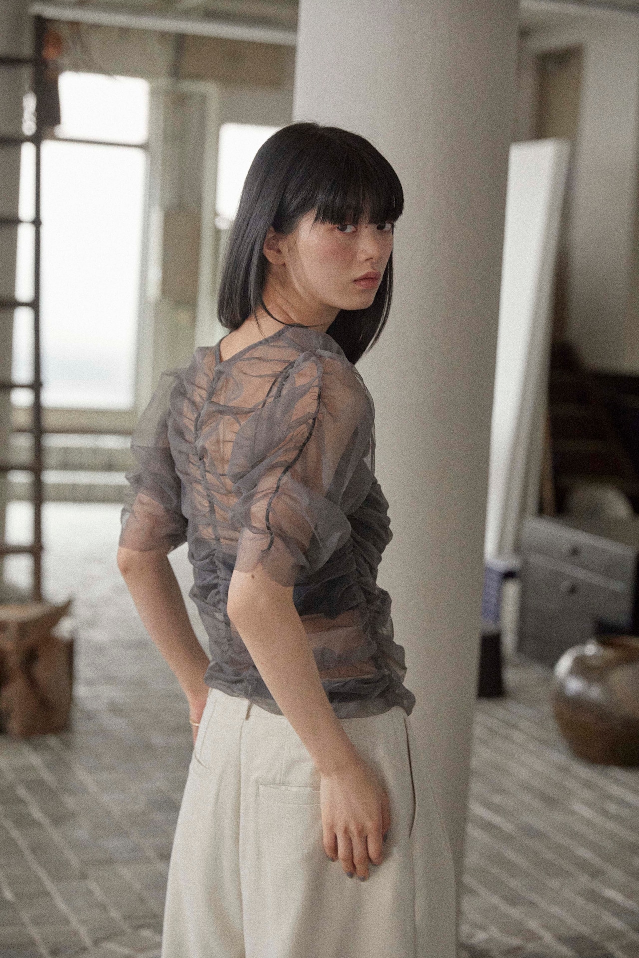 DU250519 shirring sheer tops【残り2点】