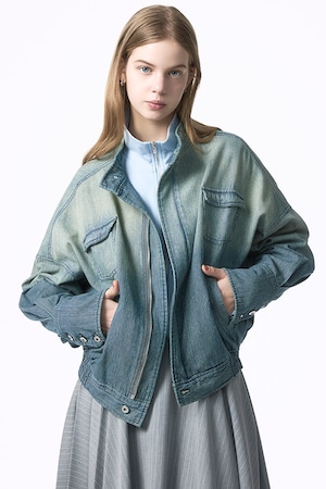 Nora Lily】「elle」Bleached Hickory Stand Collar Blouson-Black Hickory