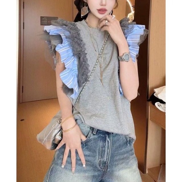 ボーダーチュールフリルドッキングトップス　２color　00876