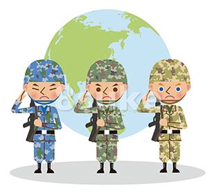 イラスト素材:多国籍な軍人のイメージ/地球バック(ベクター・JPG)