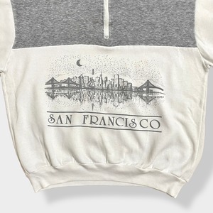 【JACQE】80s USA製 薄手 ハーフジップ 袖プリント スウェット プルオーバー 切替 SAN FRANCISCO サンフランシスコ CALIFORNIA  イラスト ビンテージ オールド us古着