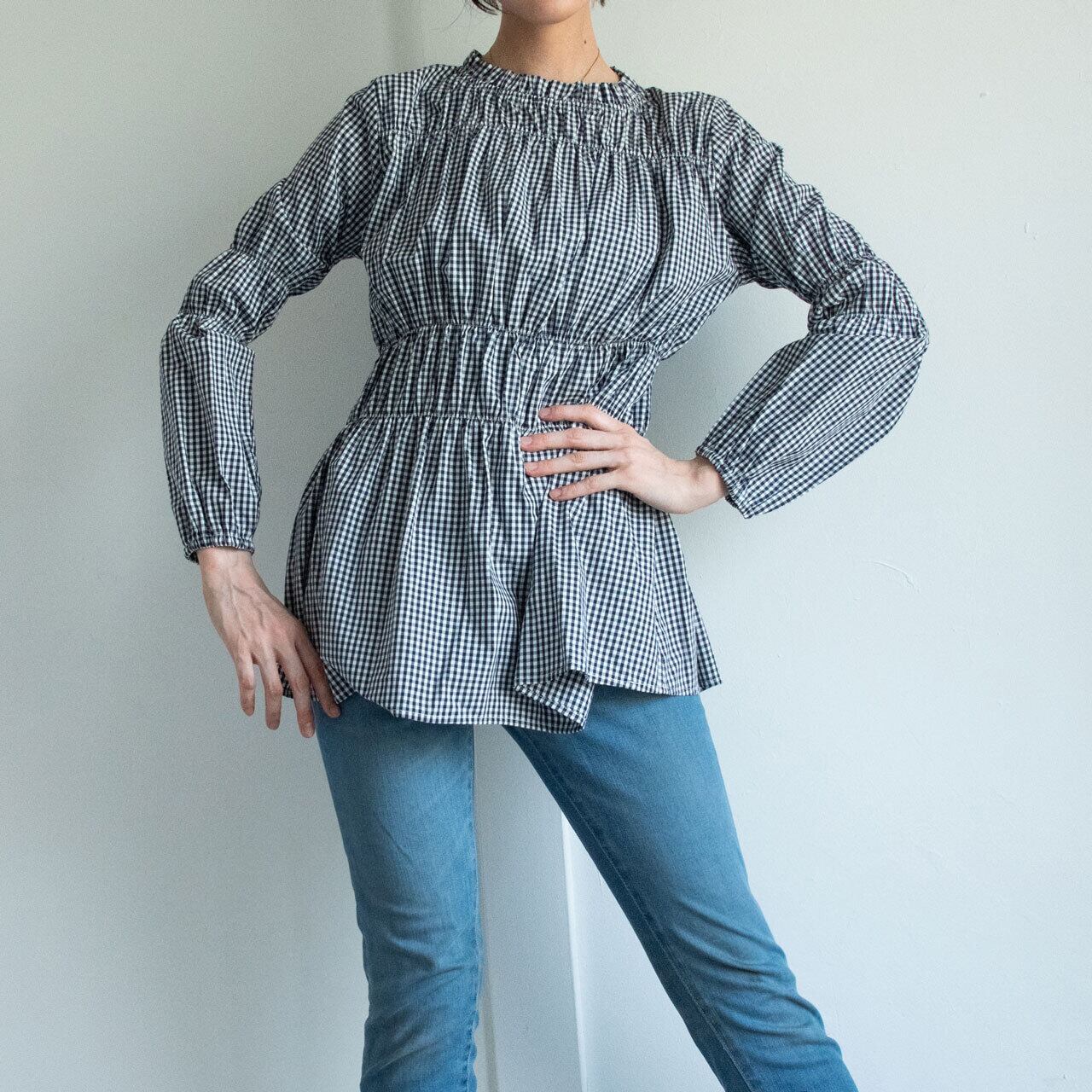 ギンガムチェックティアードギャザーブラウス