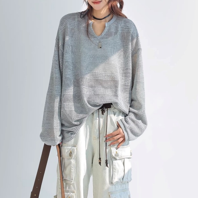 ボーダーメッシュルーズフィットキーネックニット 4col   R01859