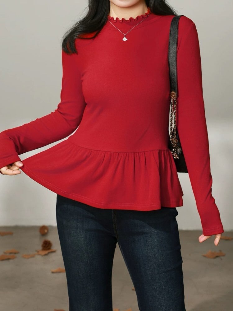 着回し自在な優秀トップス メロウネックペプラムトップス おしゃれ 大人可愛い フリル カジュアル きれいめ 上品 レイヤード 着回し 体型カバー 大きいサイズ 韓国 CH11421