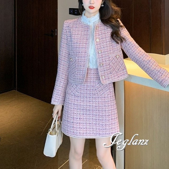 セットアップ 2点 ツイード ニット ジャケット ひざ上 スカート（M5370）ι