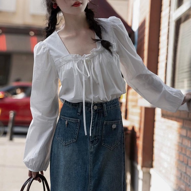 Square Neck Puff Sleeve Shirt <3colors>