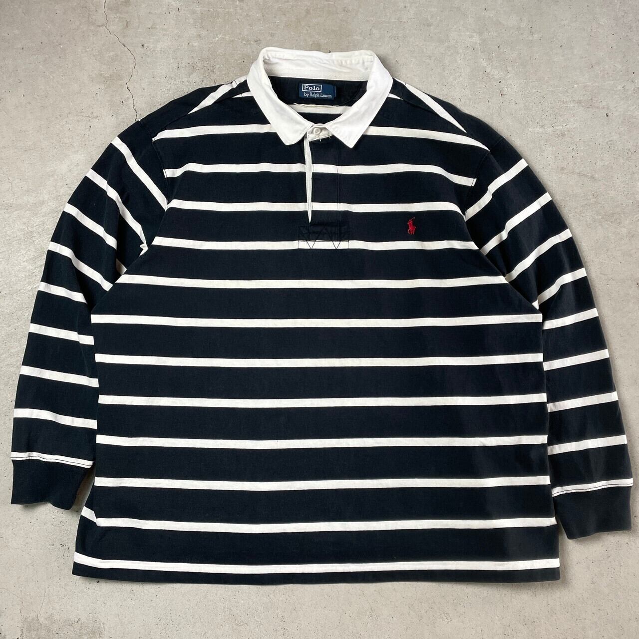 90年代 Polo by Ralph Lauren ポロバイラルフローレン ラガーシャツ ボーダー メンズ3XL 古着 90s ヴィンテージ  ビンテージ 長袖 ブラック ホワイト 黒 白 ビッグサイズ 大きいサイズ 【ポロシャツ・ラガーシャツ】 | cave 古着屋【公式】古着通販サイト